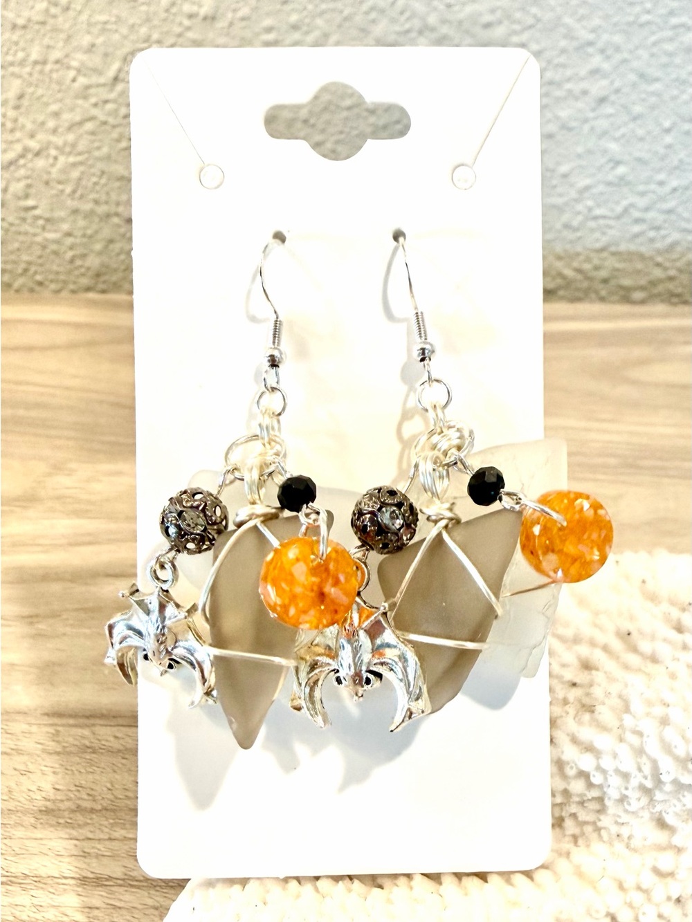 29. Halloween Vibes👻🎃🦇Handmade bat themed sea Glass and resin Dangle Earrings